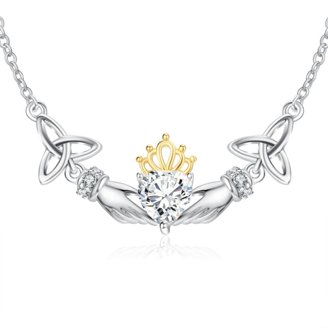 925 Sterling Silver Angel Wing Shape Love Heart Crystal Princess Crown Necklace