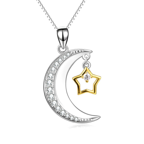 925 Sterling Silver Cubic Zircon Crescent Star Attract Necklace