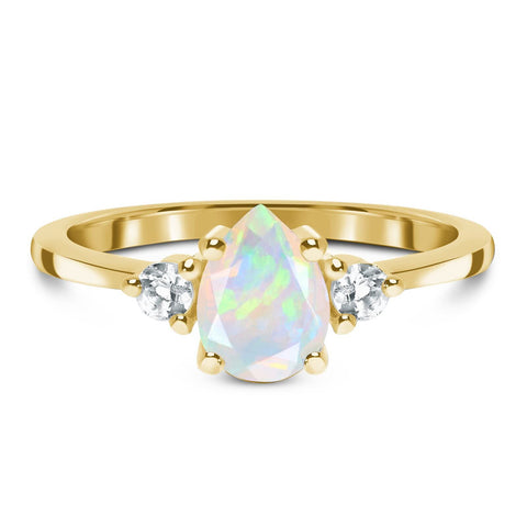 Teardrop 10K Gold 1 Carat Opal Ring Engagement Ring with Cubic Zircornia