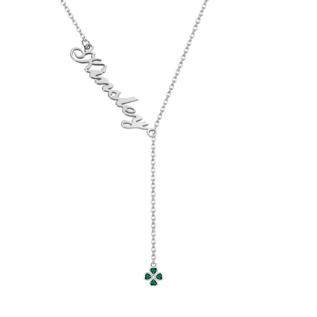 Four Leaf Clover Personalized Name Adjustable Lariat Y Necklace 925 Sterling Sliver