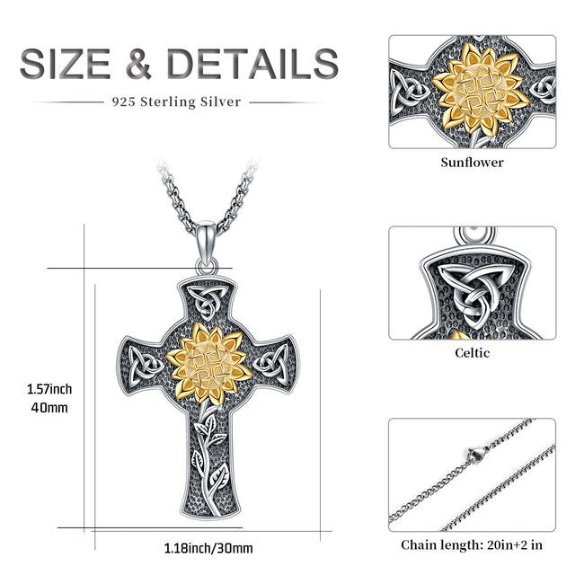 Sunflower Cross Necklace 925 Sterling Silver for Women Celtic Knot Pendant Necklaces Jewelry Gift With 55CM Stainless Steel Chain