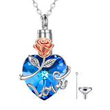 Sterling Silver Rose Love Heart Crystal Urn Necklace for Ashes Womens Rose Cremation Jewelry