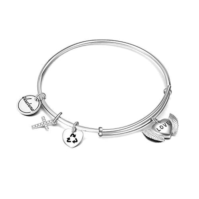 Sterling Silver Cross and Wing Bracelets Expandable Bangles for Women