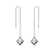 Sterling Silver Threader Crystal Earrings Long Chain Geometric Earrings Square Drop with Crystals