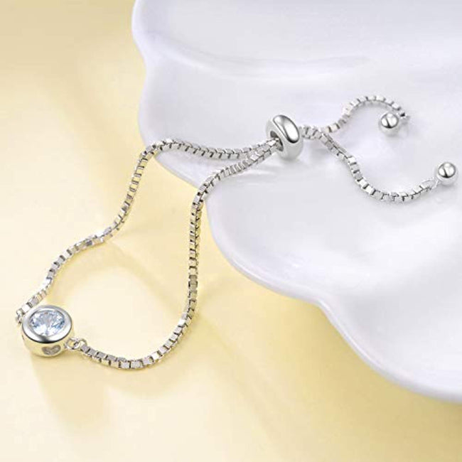 Sterling Silver Adjustable Chain Bracelet Single Round Cubic Zirconia Bracelet