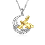Mama Rabbit and Baby Rabbit Necklace Sterling Silver Double Bunny on the Moon Easter Rabbit Jewelry