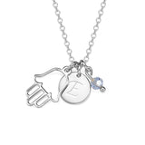 Fatima Hamsa Hand 925 Sterling Silver Personalized  Round Engravable Necklace- With Birthstone Adjustable 16”-20”