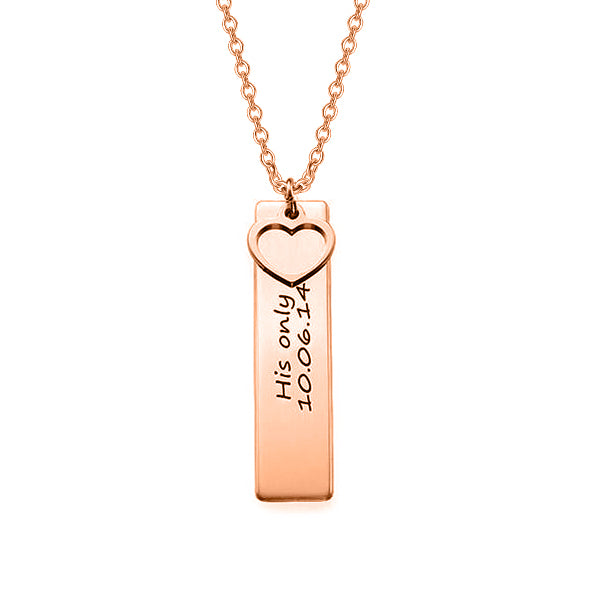 Copper/925 Sterling Silver Personalized Bar Engraved With A Heart Necklace Adjustable 16”-20”