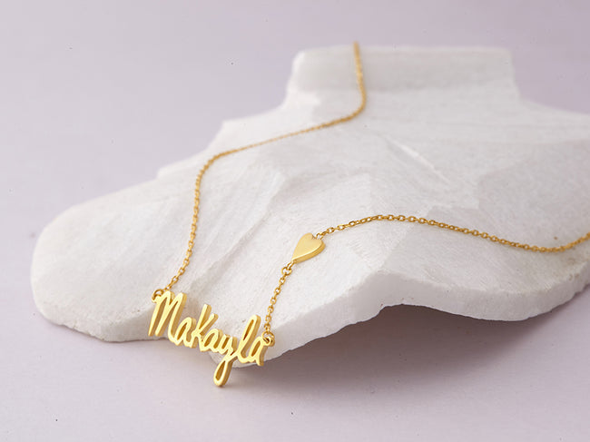 Makayla - 925 Sterling Silver Adjustable Chain Signature Necklace with Heart Charm