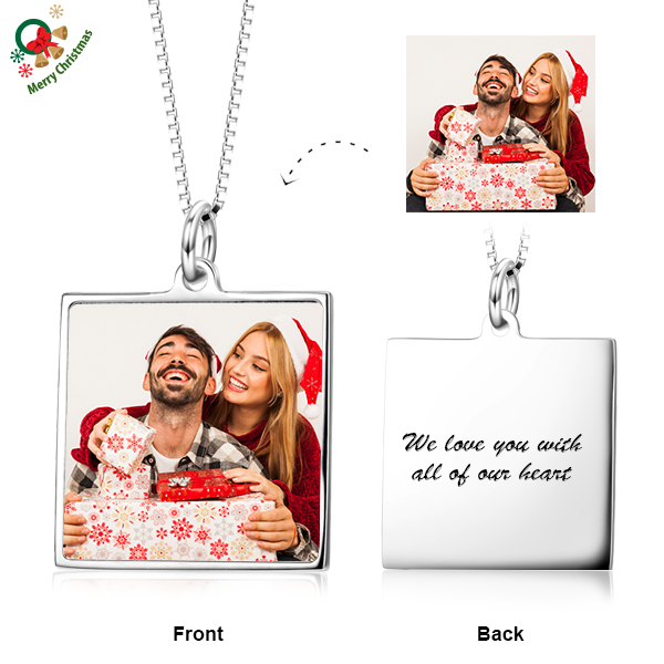 Christmas Gift- Personalized Name or Text/Color Photo in Square Pendant Necklace in Sterling Silver