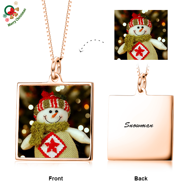 Christmas Gift- Personalized Snowman Color Photo in Square Pendant Necklace in Sterling Silver