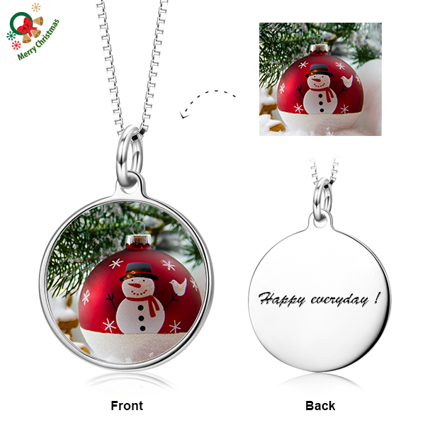 Christmas Gift- 14K Gold Customized Color Photo with Name/Text in Round Pendant Necklace
