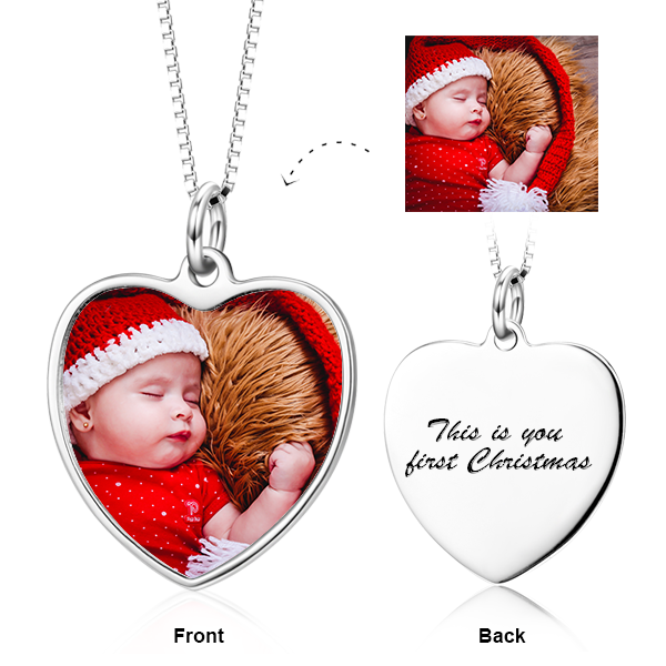 Adjustable 16”-20” Personalized Color Photo&Text in Love Heart Pendant Necklace in 14K Gold