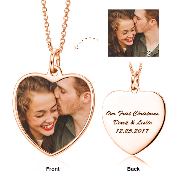 Copper/925 Sterling Silver Personalized Color Photo and Engraved in Love Heart Pendant Necklace Adjustable 16”-20”