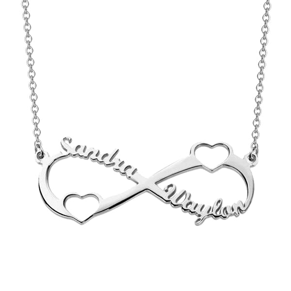 925 Sterling Silver Personalized Engraved Infinity Necklace with Two Heart Adjustable 16”-20”