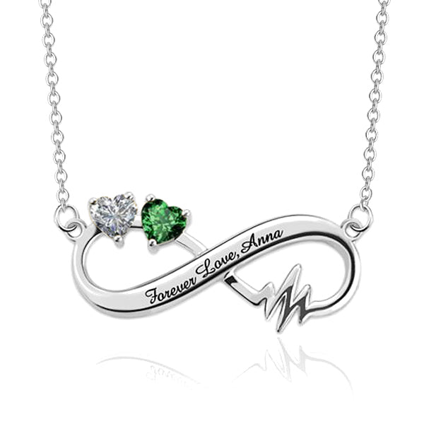 925 Sterling Silver Personalized Heartbeat Infinity Necklace With Birthstones