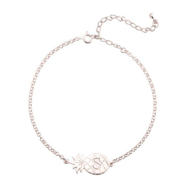 925 Sterling Silver Personalized Charm Anklet with Pineapple  Adjustable 8.5”-10”