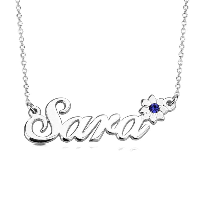 Sara - 925 Sterling Silver Personalized Crystal Flower Name Necklace Adjustable Chain 16”-20”