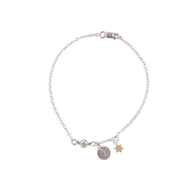 925 Sterling Silver Personalized Crystal Tiny Disc and Star Bracelet Adjustable 6”-7.5”