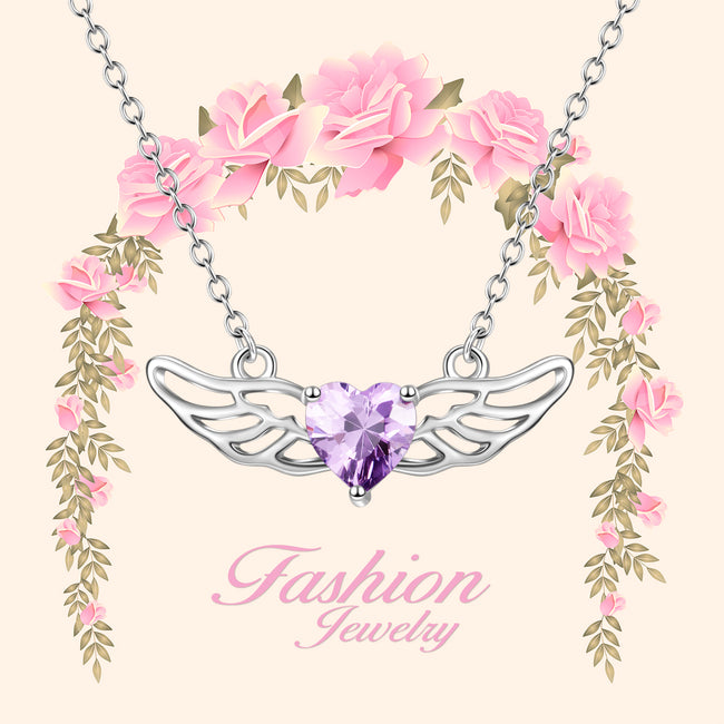 925 Sterling Silver Angel Wing Purple Heart Crystal Necklace