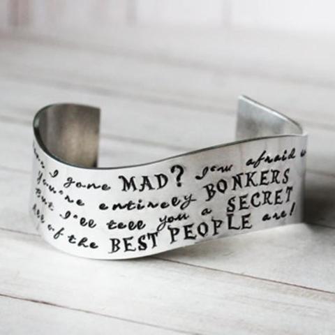 Alice in Wonderland Have I Gone Mad Cuff Bangle 925 Sterling Silver Personalized Adjustable 6”-7.5”-White Gold Plated